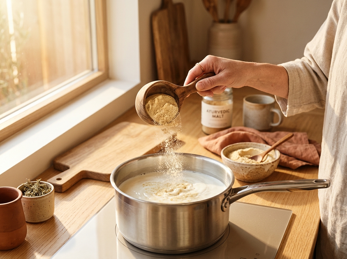 Measuring 1 scoop GutVaidya into pan with liquid