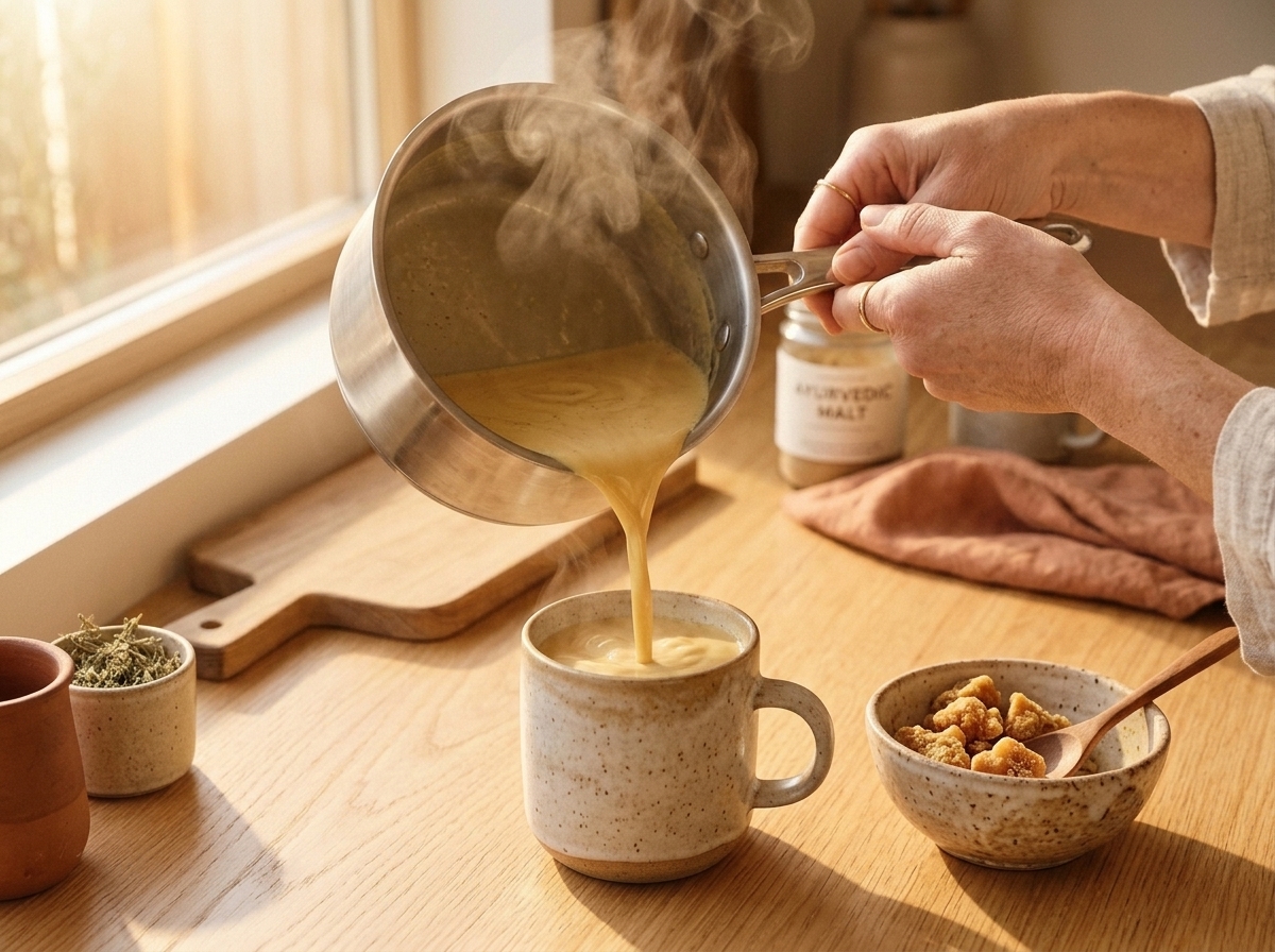 Serving nourishing warm GutVaidya bowl or drink